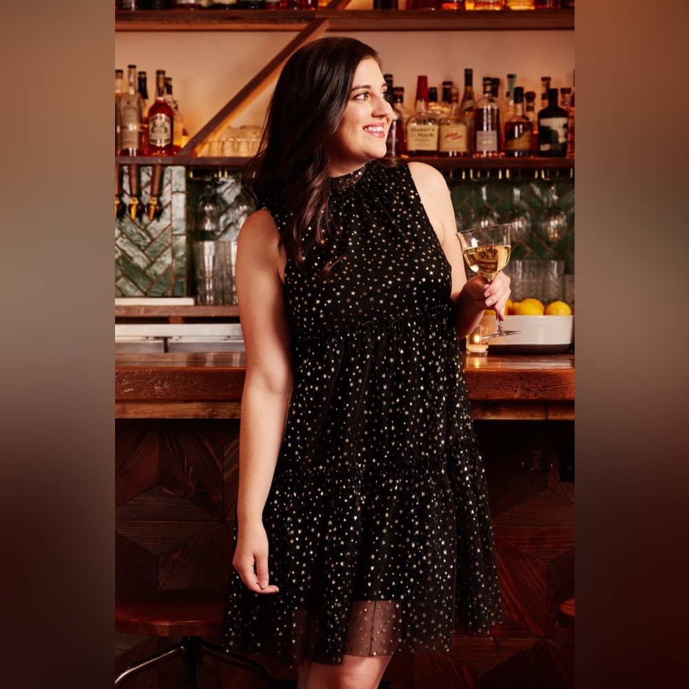 POPSUGAR Black Gold Star Print Tiered Mesh Mock Neck Dress